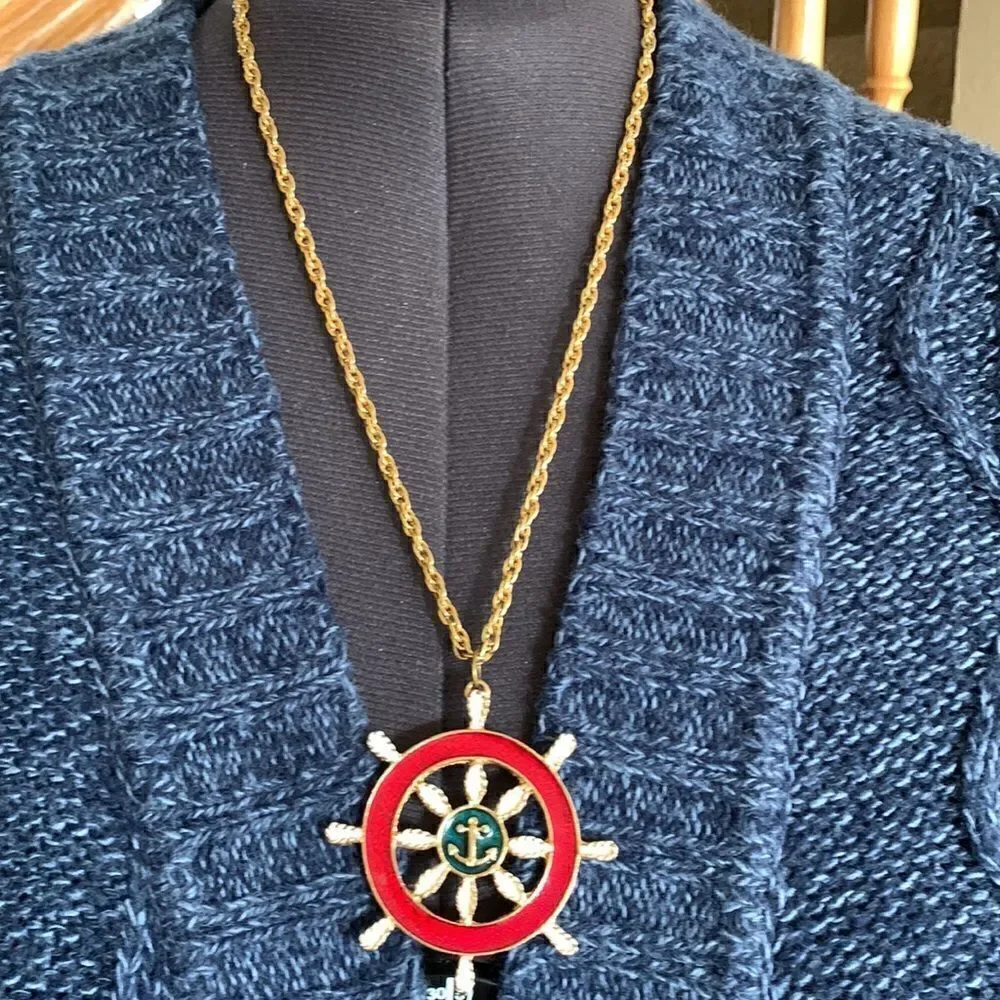 Vintage Chunky Gold Compas White Blue Nautical Costal Necklace‎ USA patriotic